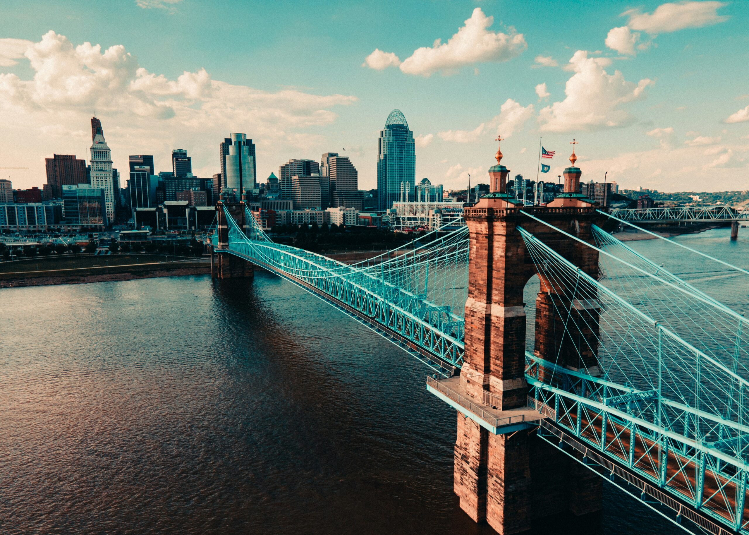 Cincinnati skyline and Roebling Bridge across the Ohio River