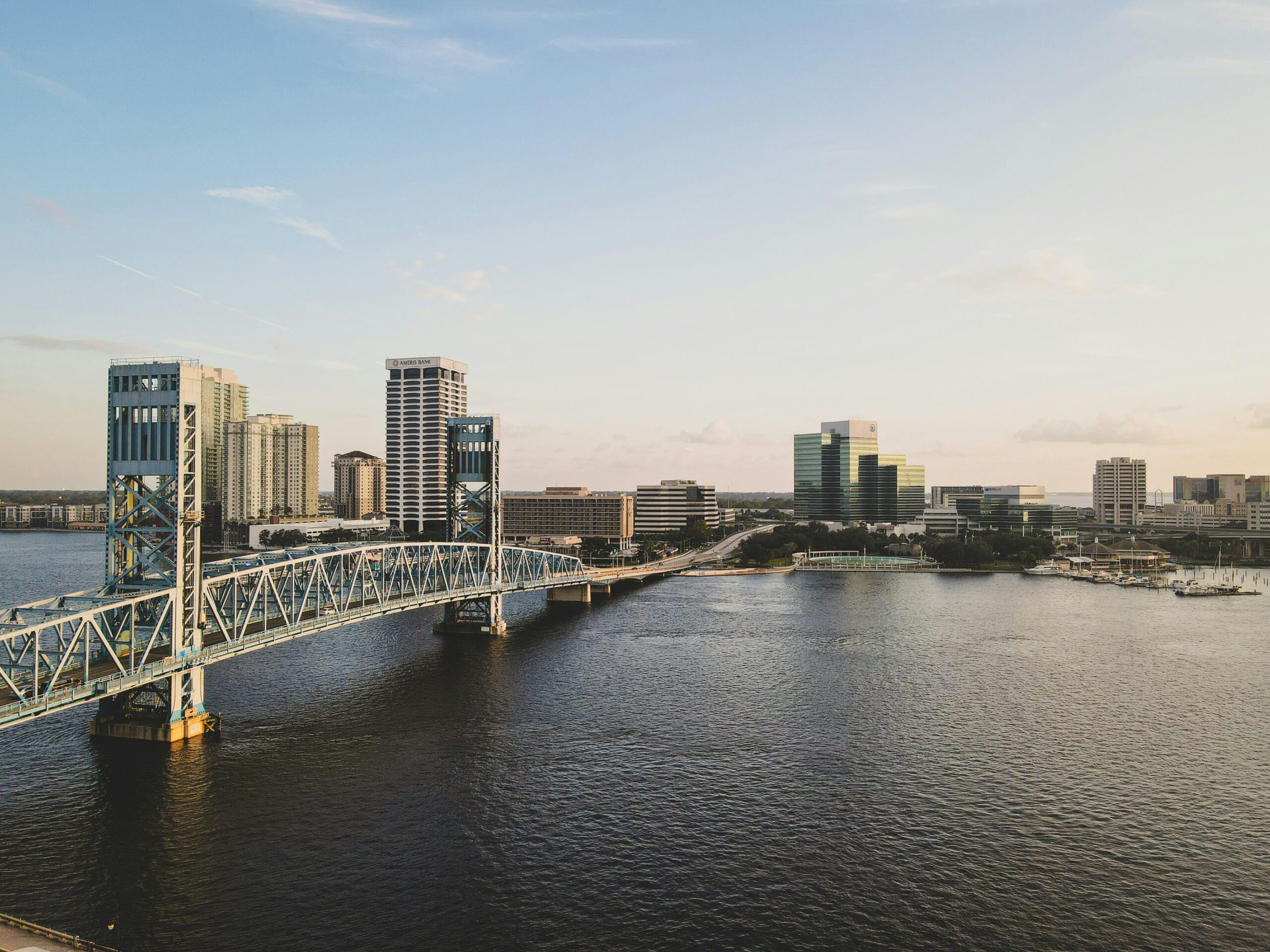 Downtown Jacksonville skyline and Main Street Bridge at sunset