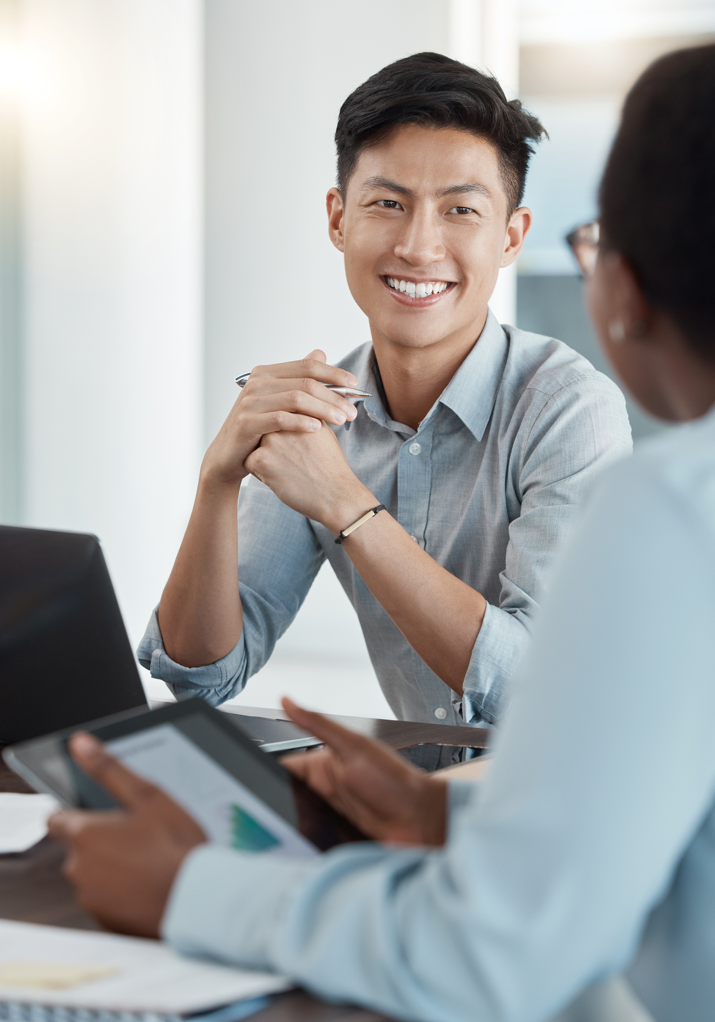 Recruiter evaluating a legal receptionist candidate for client service