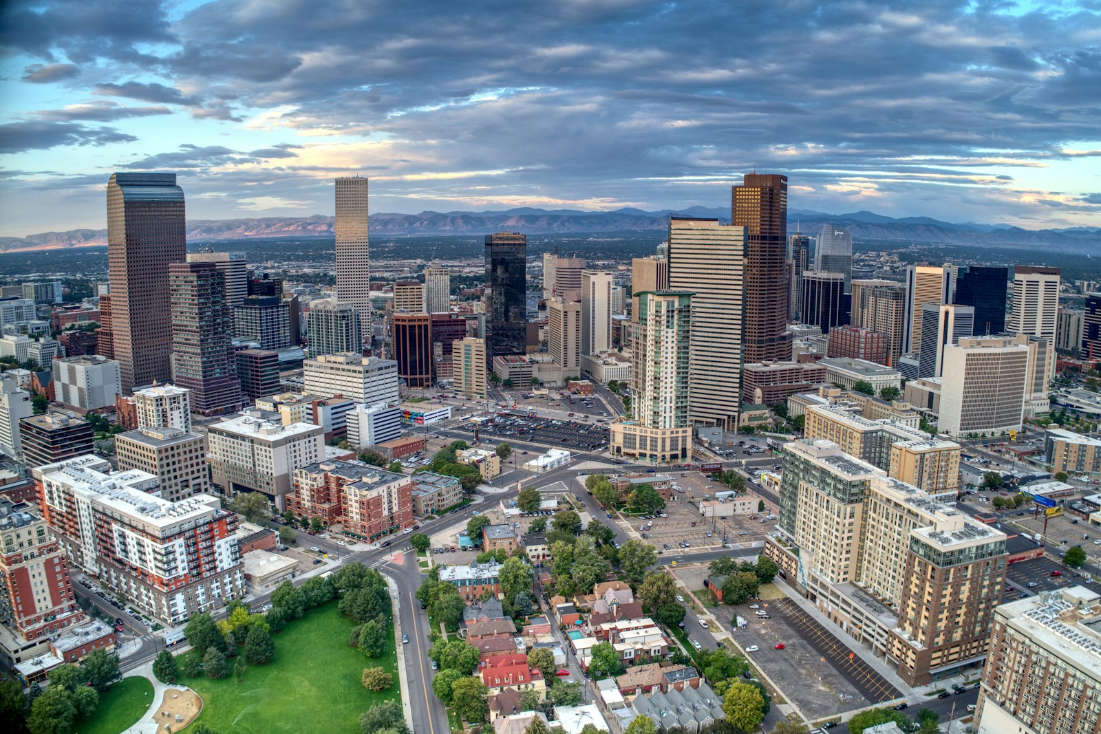 Denver skyline with the Rocky Mountains beyond the city