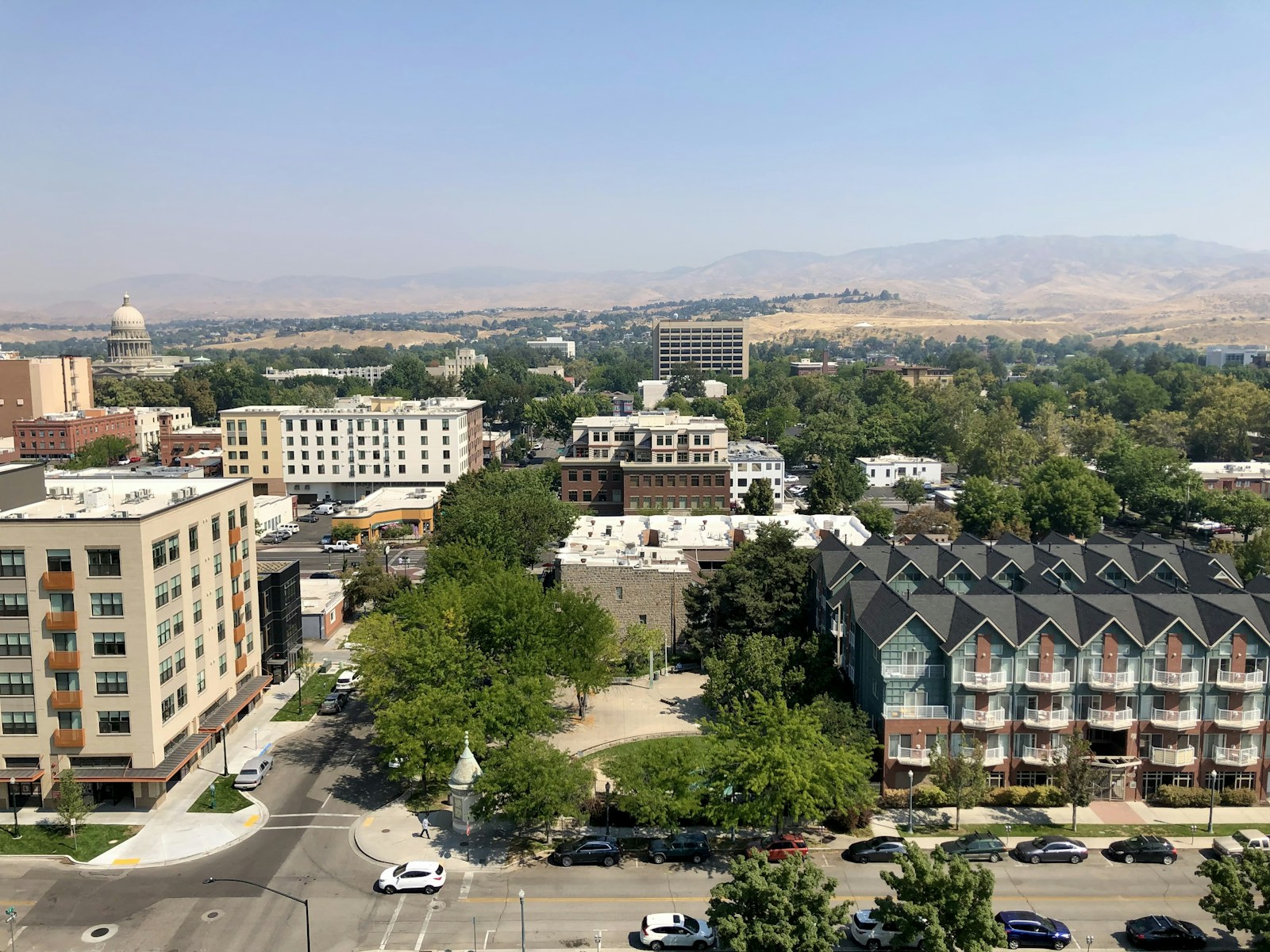 Downtown Boise cityscape with the Idaho foothills in the distance