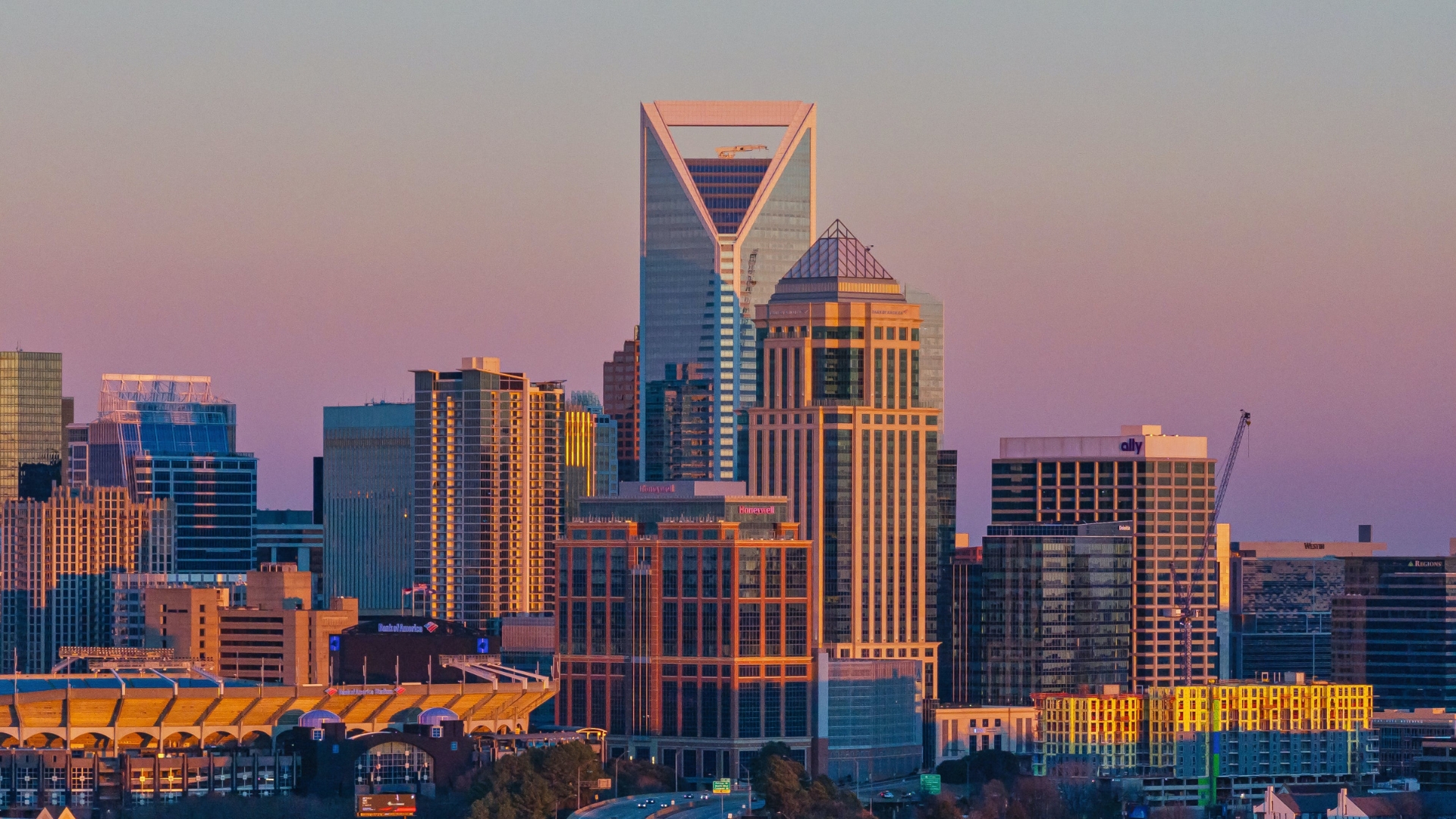 Downtown Charlotte buildings at sunrise
